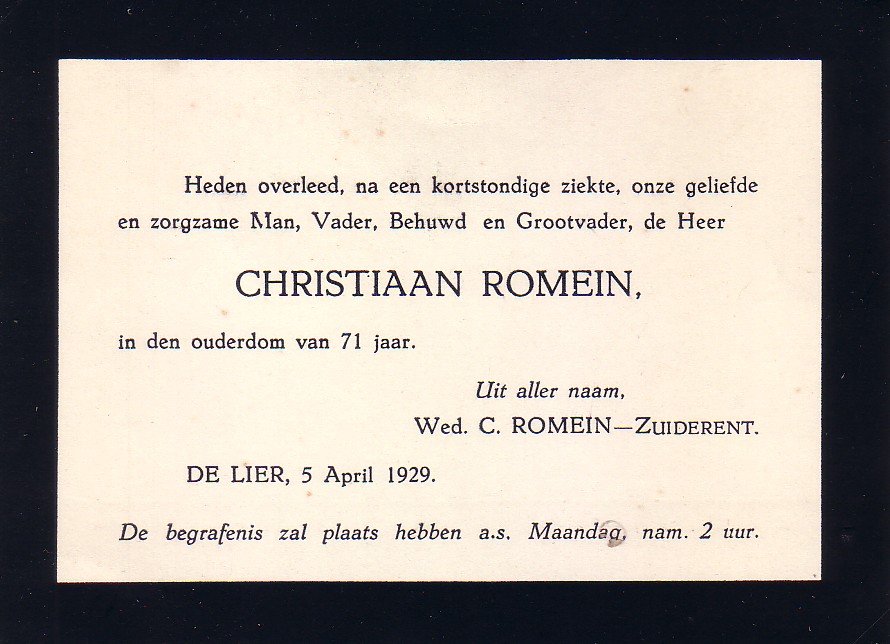 Overlijdensbericht Christiaan Romein (1857-1929)